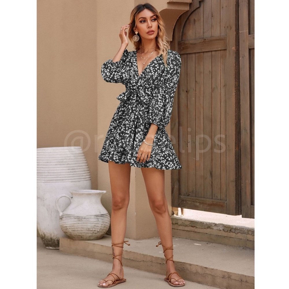 Black Ditsy Floral Print Mini Dress V-Neck Ties 3/4 Puff Sleeve Fit & Flare - Picture 4 of 14